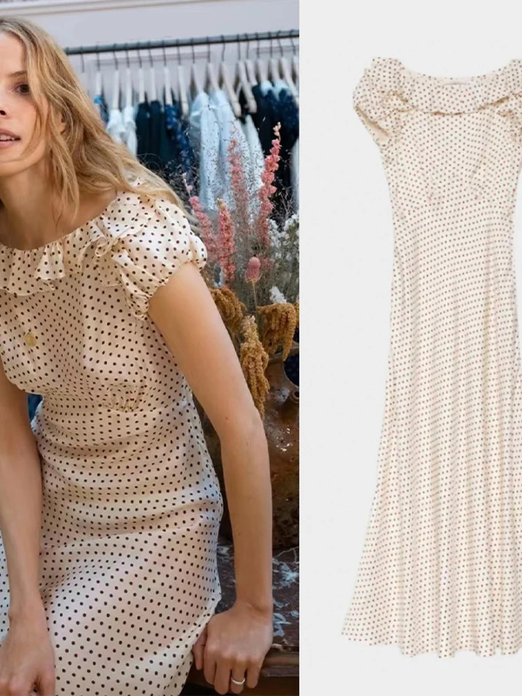 

Elegant Polka Dot Bell Sleeve High Waist Long Dress for Women Summer 2026 Casual French Style One Shoulder Drifting Skirt