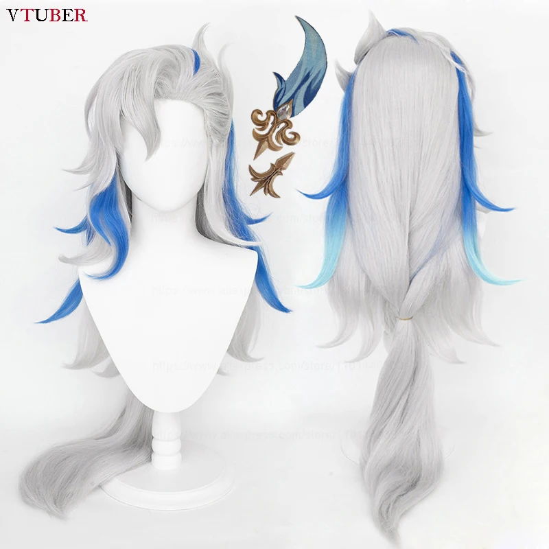 Peluca Neuvillette para Cosplay de Genshin Impact, Peluca Larga Plateada Gris Azulada Resistente al Calor para Anime + Gorro de Peluca