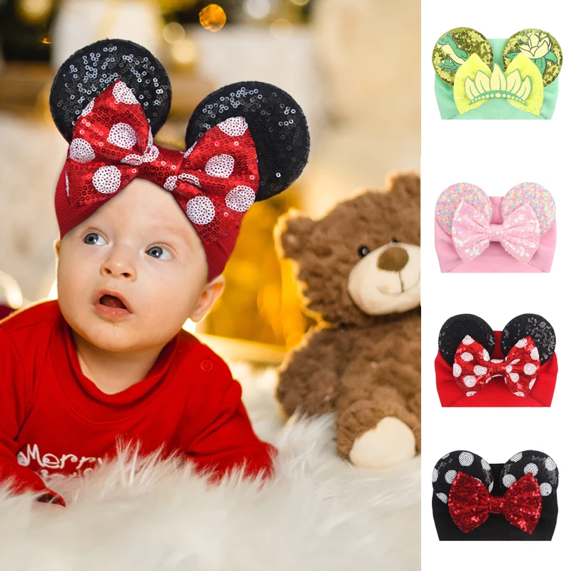 2026 Bandeaux pour bébé à oreilles de Mickey de dessin animé, avec nœud à paillettes de 5 pouces, Turban pour bébé, Accessoires de cheveux DIY pour Festival, Cosplay, Fête de Noël 1