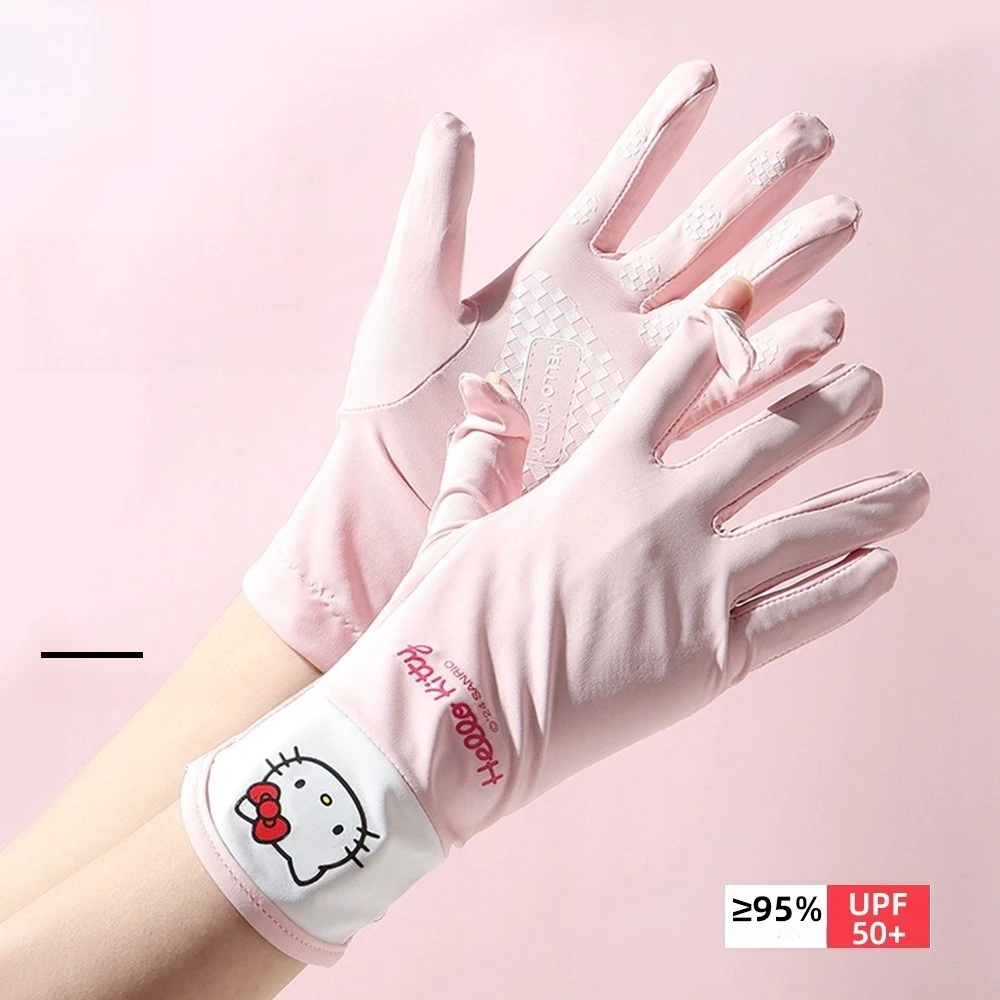 Miniso 日焼け止め、大人用手袋、指露出、タッチスクリーン、アイスシルク、通気性、夏 サンリオは自転車に乗る