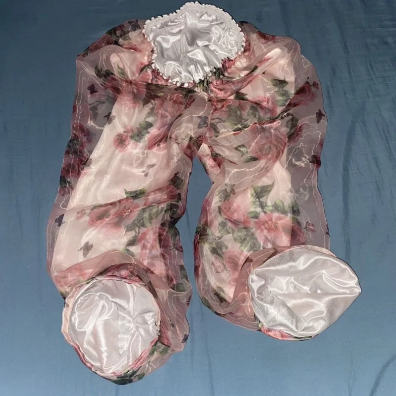 Pantaloni da uomo taglie forti lucidi a 2 strati in voile all'esterno in seta di ghiaccio all'interno con stampa floreale pantaloni al tatto setosi pantaloni da lanterna per dormire larghi da donna
