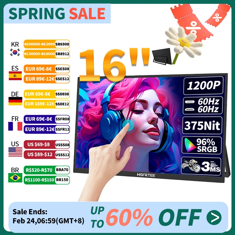 HGFRTEE Monitor portatile touch da 16 pollici 16:10 96% sRGB 350Cd/m2 Secondo schermo per laptop con