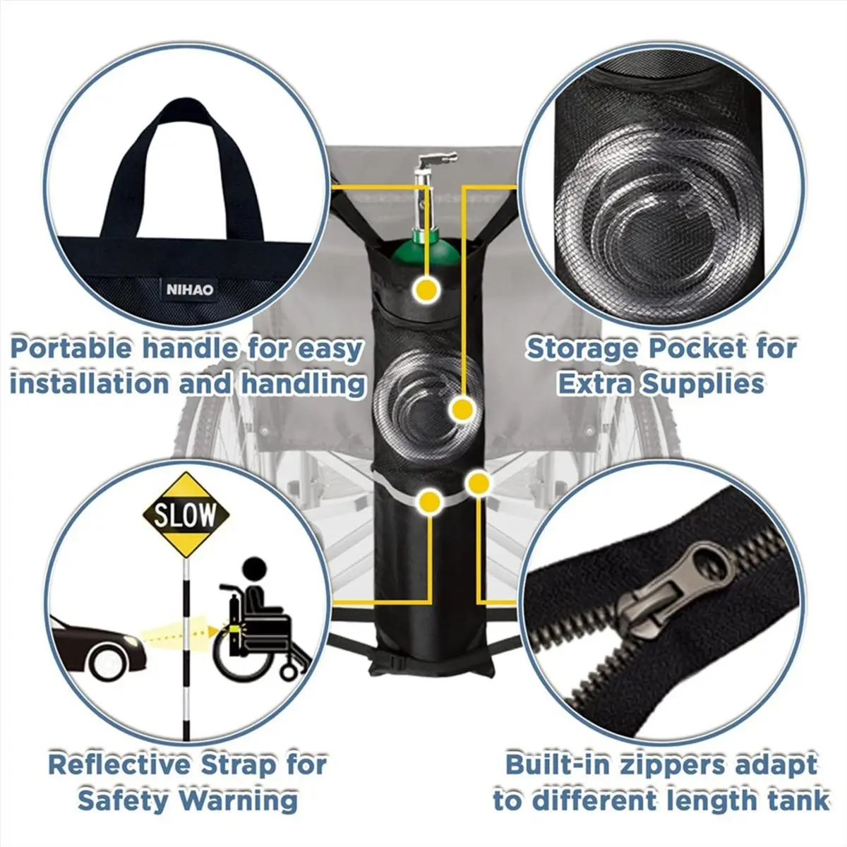 [NEW] Oxygen Tank Holder for Wheelchiars, Oxygen Cylinder Bag with Adjustable Zippers and Mesh Storage Pockets