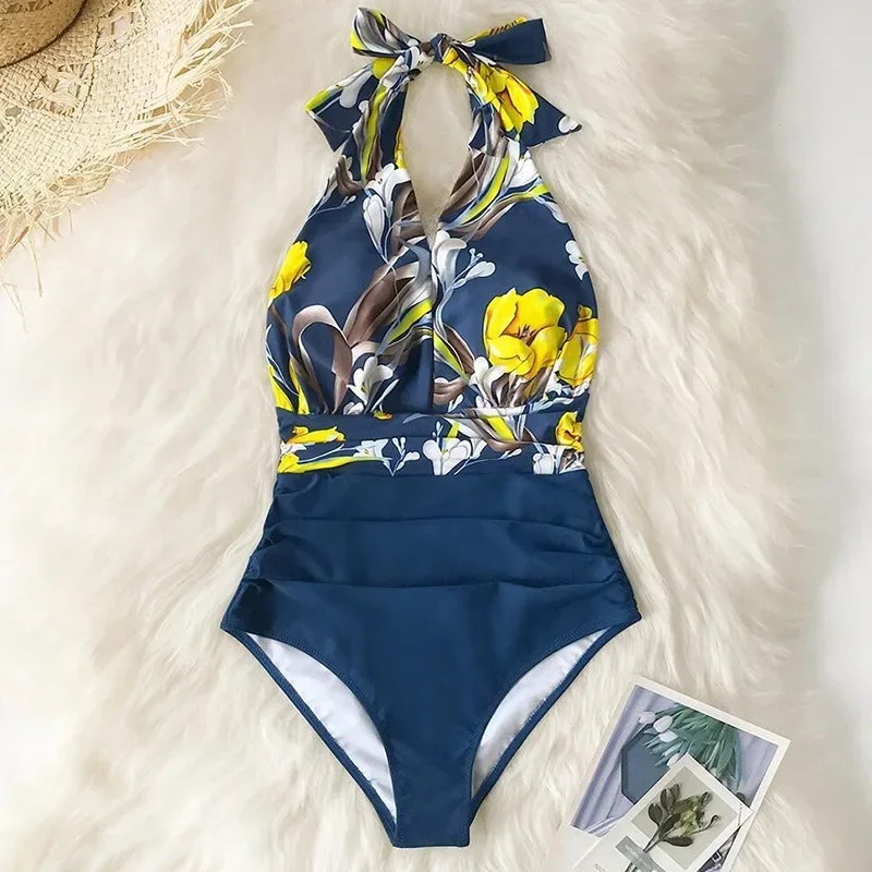 Rückenfreier Badeanzug mit tiefem V-Ausschnitt für Damen, böhmischer Druck, Blumenmuster, sexy, heißer einteiliger Body, Sommer-Strand-Badeanzug, 2025, Neu
