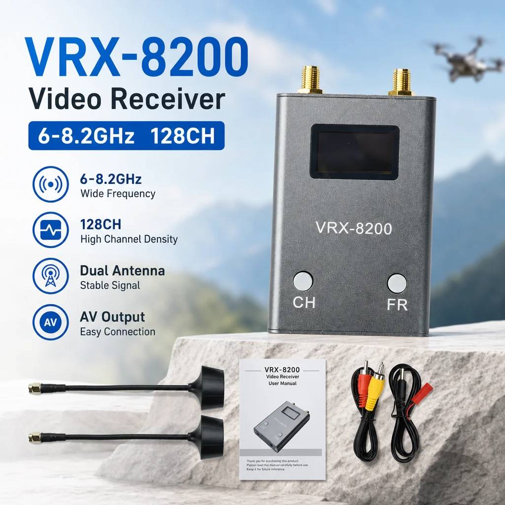 VRX 8200 FPV VRX Receiver 6110 8210MHz 128Channels FM PLL Demodulation DC7 24V Dual Antenna Signal Stable For Aerial Photography