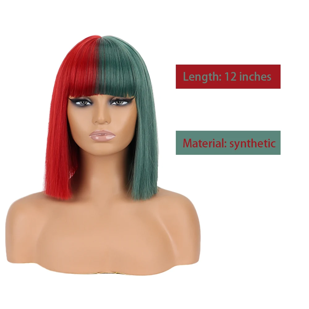 Pelucas sintéticas cortas y rectas para mujer, cabello rojo y verde con flequillo, Material resistente a altas temperaturas, Cosplay, navidad