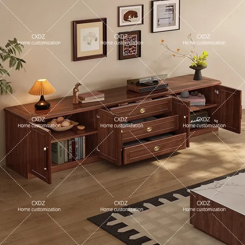 Black Walnut Solid Wood TV Cabinet 2m Modern Simple Floor Standing Media Console Storage Unit for Living Room Wall Mounted