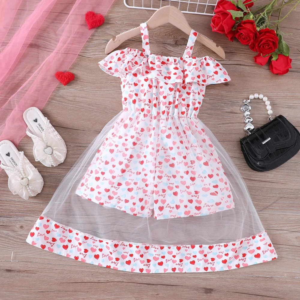 2024 Summer New Arrival Girls Sleeveless Print Heart Ruffles Pink Designer Cute Party Princess Dress Custume 18M-7T