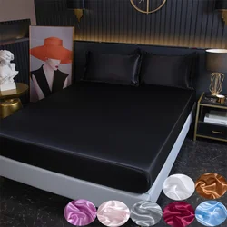 Ice Silk Bed Sheet for Summer Polyester Satin Fitted Bed Sheets with Elastic Band Solid Color Bed Cover
