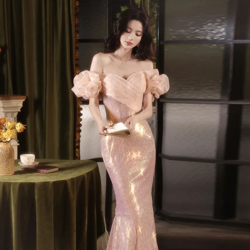 

Luxury Mermaid Sequins Evening Dresses Elegant Off The Shoulder Floor-Length Long Backless Formal Toast Banquet Host Prom Gowns