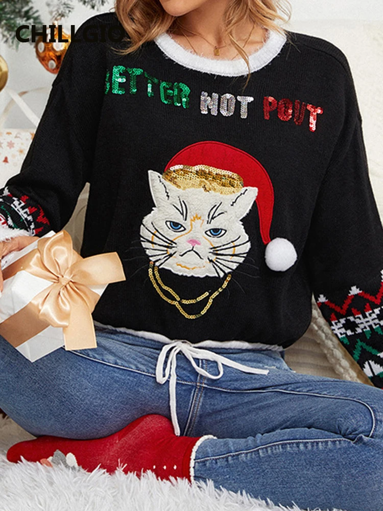 CHILLGIO Women Sequined Cat Christmas Knitted Sweater Fashion Long Sleeves O Neck Party Vintage Elastic Winter Warm Pullovers