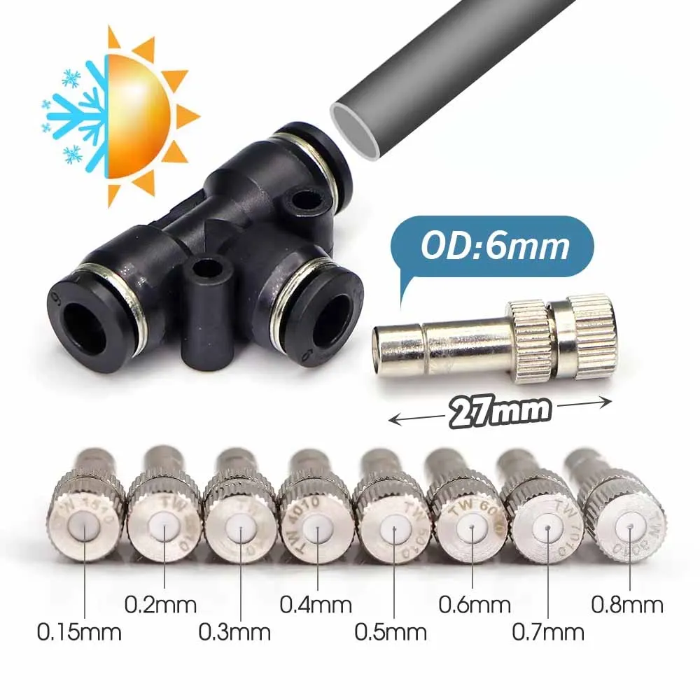 6mm 0.15-0.8mm Low Pressure Misting Nozzles Fine Atomizer Sprayer Slip Lock for Outdoor Garden Irrigation Humidification Cooling