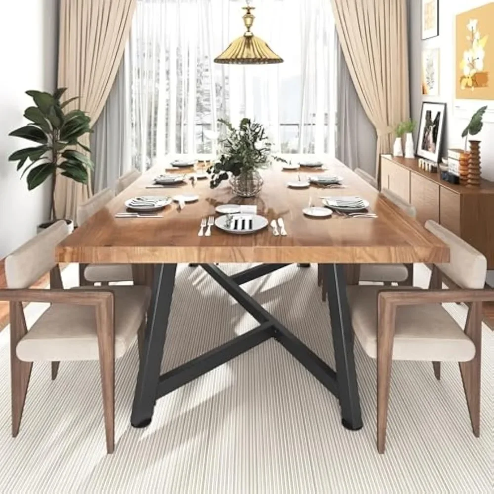 Solid Wood Dining Table, Rustic Large Rectangular Kitchen Dinner Tables w/Adjustable Metal Leg for Home Living Dining Room