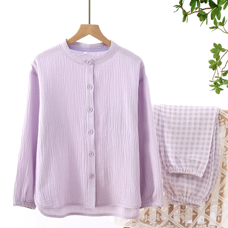 

Spring Autumn Pure Cotton Pajamas Japanese Plaid Women's Homewear Pijamas Suit Long Sleeve Double Layer Gauze Sleepwear Set