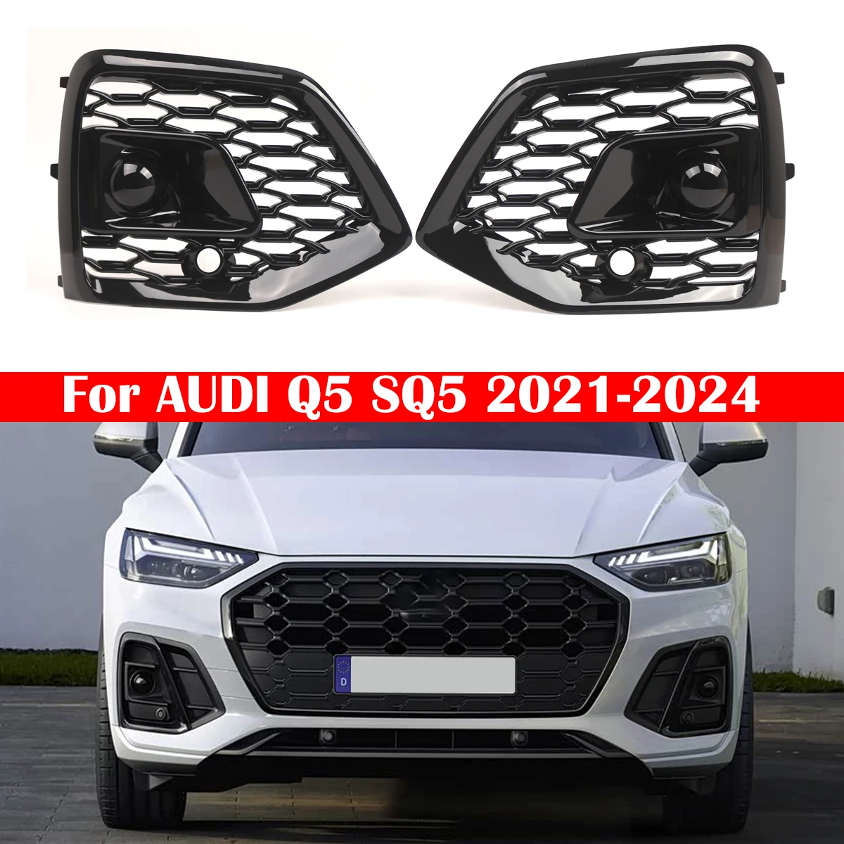 

1 Pair Gloss Black Honeycomb Fog Light Grilles For Audi Q5 2021 2022 2023 2024 Automobile Accessory OEM 80G807679Q,80G807680Q