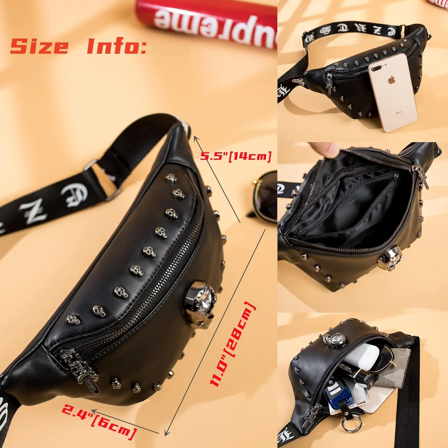 Fashion Leather Waist Bag Black Skull Design Bum Bags Crossbody Belt Bag Waist Pack for Holiday Festival Travel Running Hiking