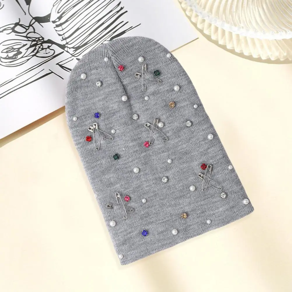 Rhinestone Knitted Hat Decorative Rhinestone Hat Colorful Rhinestone Knit Hat Faux Pearl Safety Pin Bling Winter Warm Hop Cap