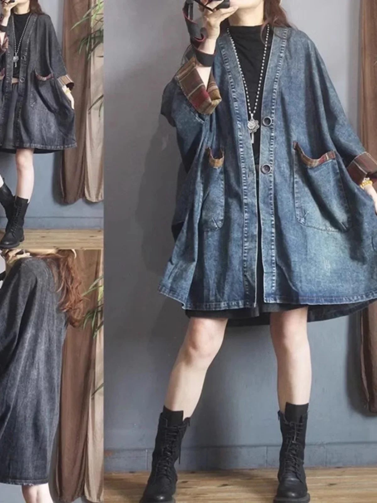 معطف SuperAen كبير الحجم متوسط الطول من قماش الدنيم للنساء فضفاض غير رسمي بجيوب مرقعة معطف واق من المطر بأكمام تشبه جناح الخفاش