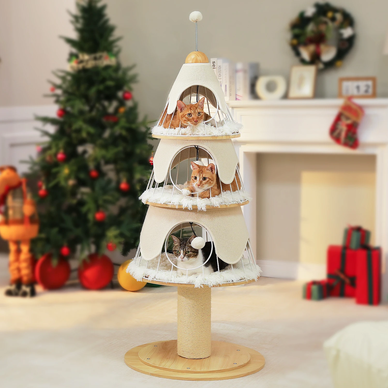 Torre per gatti moderna per albero di Natale con tiragraffi spesso, torre per gatti in legno, 3 condotti, tappetino sostituibile per mobili per gatti resistenti