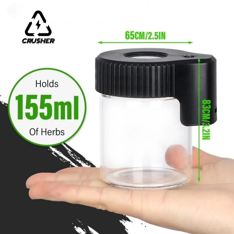 High-end Tobacco Storage Jar with Magnifier Lid LED Luminous Light Transparent Glass Container Dry Herb Spice Cigarette Airtight