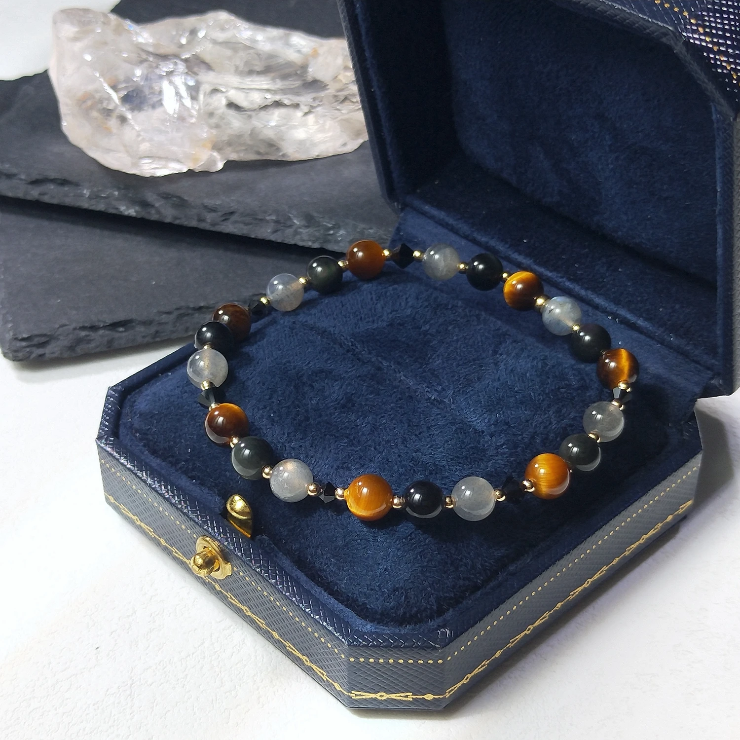 Lii Ji Natural Tiger Eye Labradorite Obsidian 6mm/8mm American 14K Gold Filled Elastic Bracelet