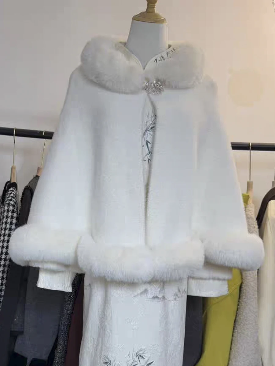 

Модная шерстяная накидка хорошего качества, длинное пончо, элегантное женское пальто из искусственного меха норки, праздничный плащ, осень-зима, плотное пальто с шалью и лацканами