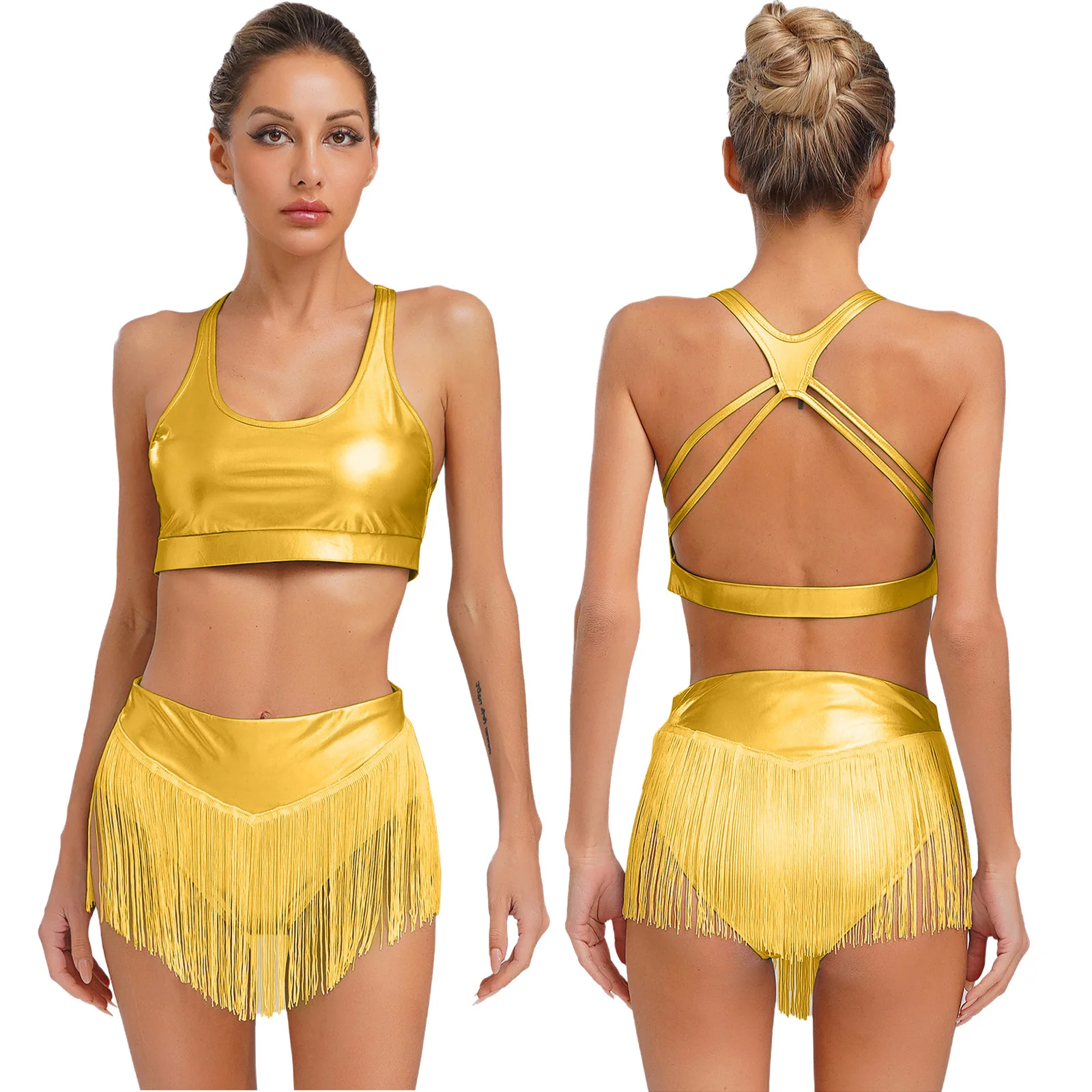 

Elegant Women Latin Cha-cha Stage Dance Outfits Vest Crop Top And Briefs Shorts Suit for Club Night Pole Dancing Costumes