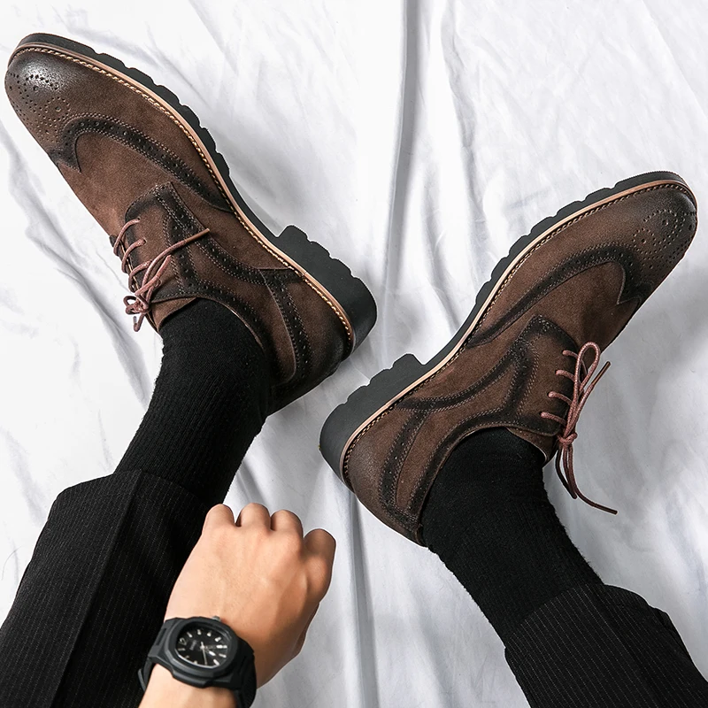 New Men Dress Shoes Brogue Shoes Flock Round Toe Lace-up Office & Career Men Shoes  Size 38-46