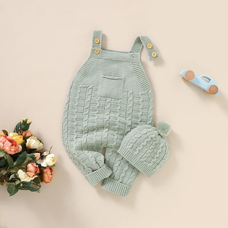 Boy Girl Solid Jumpsuits Outfits Fashion Sleeveless Knitted Baby Rompers Hats Clothes Sets Newborn Spring Autumn Infant Overalls