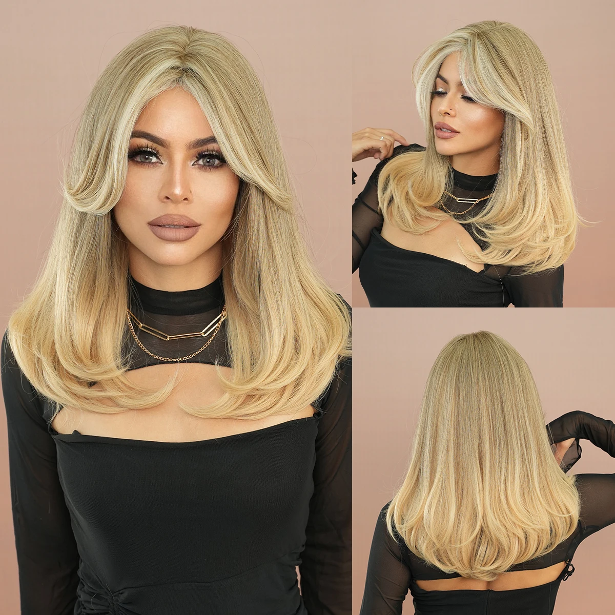 NAMM Long Body Wave blonde Wigs Mid Split Wig High Density Synthetic Highlight Beige Wigs for Women Daily Use Heat Resistant