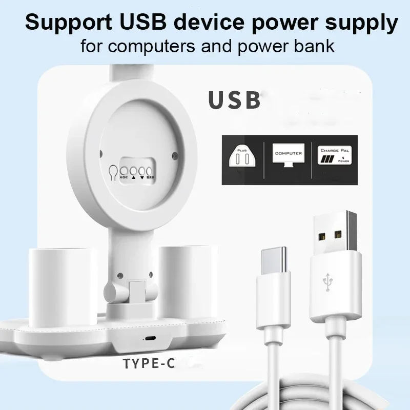 LED Clock Table Lamp, USB Chargeable, Dimmable Desk Lamp, 2 Cabeças, 180 Girar, Dobrável, Proteção para os Olhos, Leitura, NightLight, 3200mAh