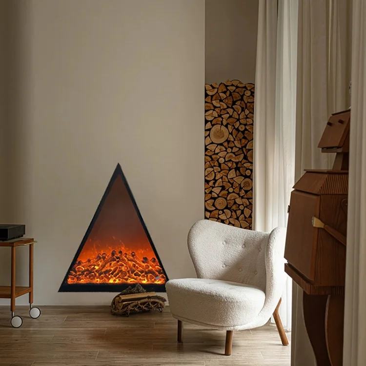 Black Tempered Glass Triangular Electric Fireplace Insert With Remote Control Metal Trim English Operating Language For Hotels