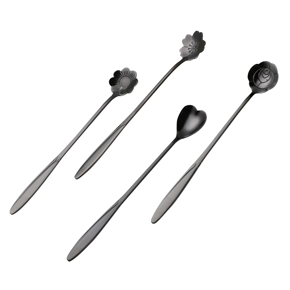 

4pcs Stainless Steel Flower Design Long Handle For Coffee Tea Dessert Mixing Kitchen Accessories Long Handle Kitchen Coffee