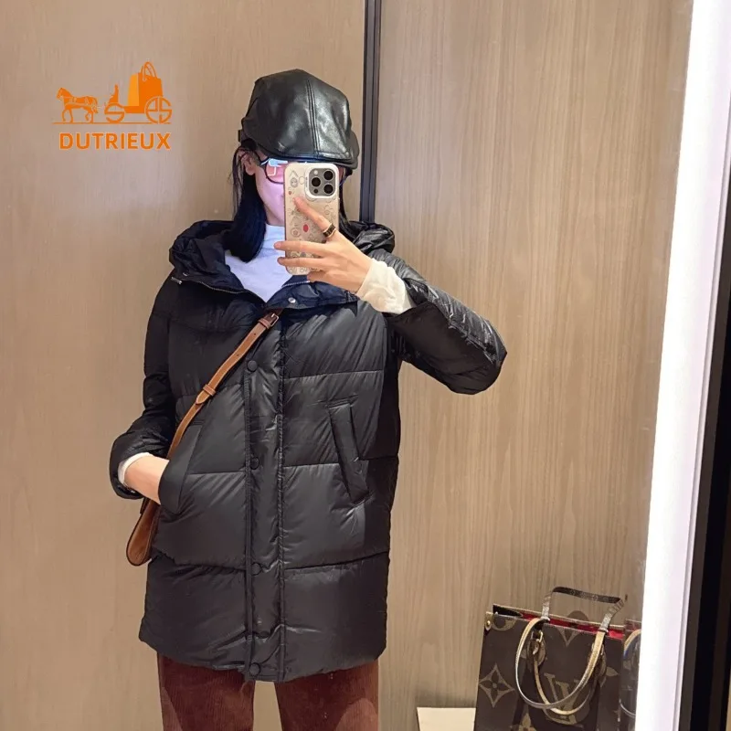 New Winter Down Jacket for Women , Mid-length Hooded 90% White Goose Down Down Jacket Loose Fit Windproof and Warm for Parties