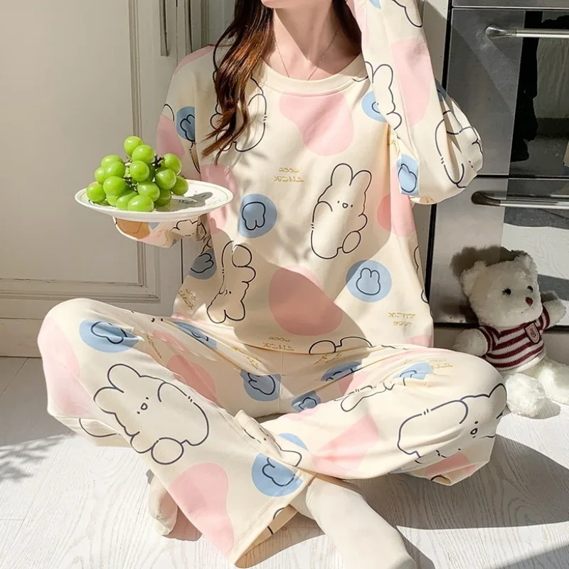 Sleepwear Women's Spring Autumn New Long-Sleeved Trousers Student Cute Cartoon Pajamas Set Round Neck Loose Female Homewear Suit