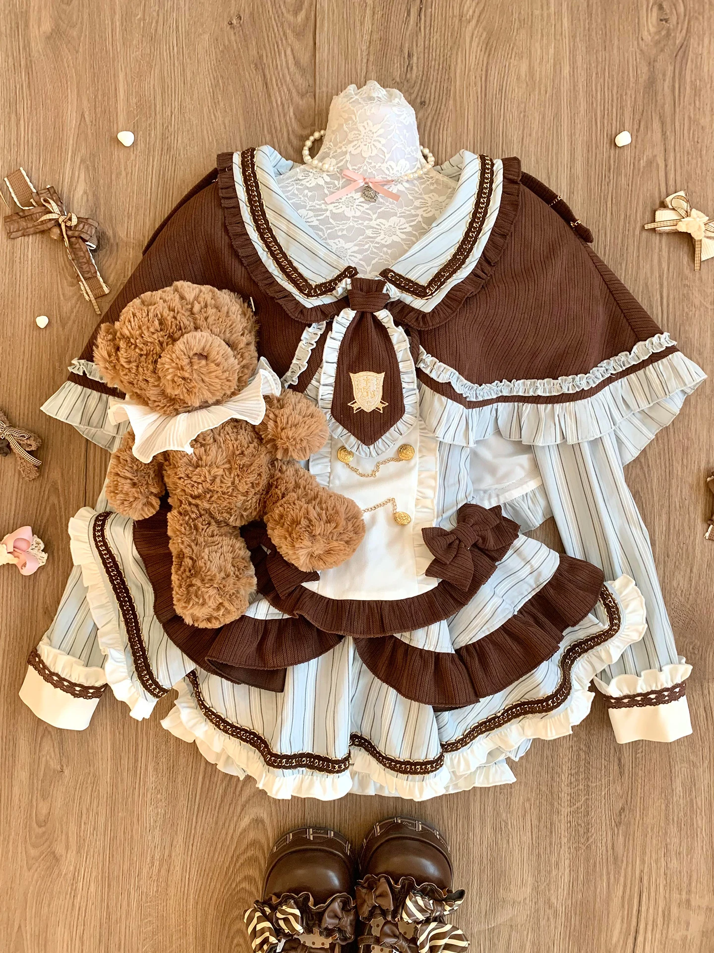 Cute Sweet Girly Chocolate Color Shawl Cape Striped Long Sleeve Shirt Puff Skirt Academy Style Three-Piece Sets Womens Outfits