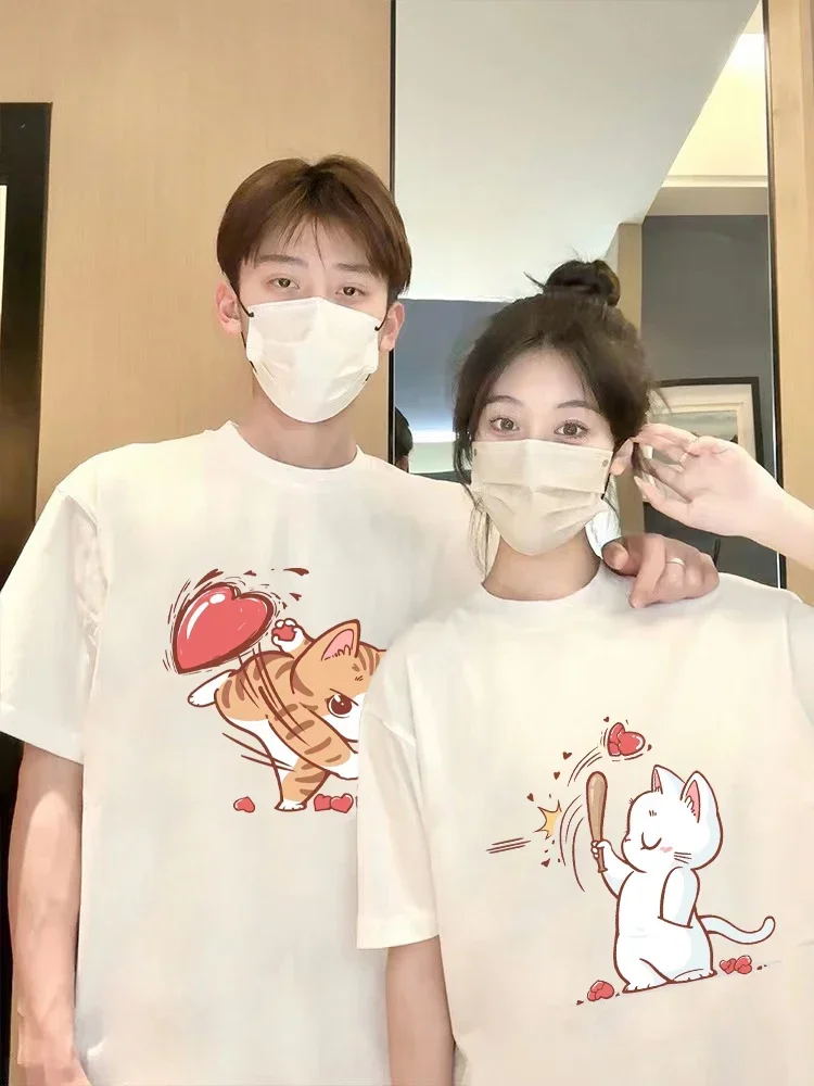Interesting Cat Love Print T-shirts for Couple Matching Stuff Women Casual Loose Short Sleeve Tshirt Top Women Clothes Graphic