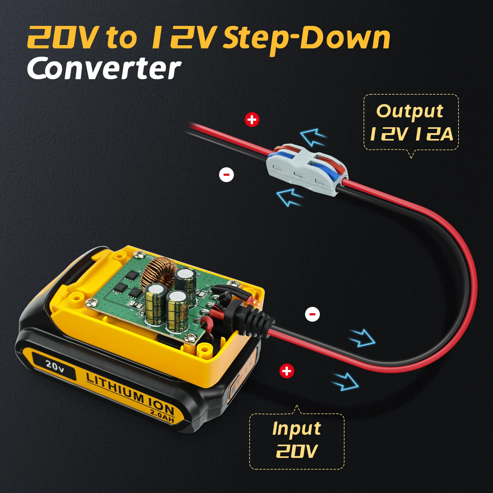 Convertitore Step-Down da 20V a 12V per Dewalt 20V trasformatore riduttore di tensione della batteria adattatore fai da te (batteria non inclusa)