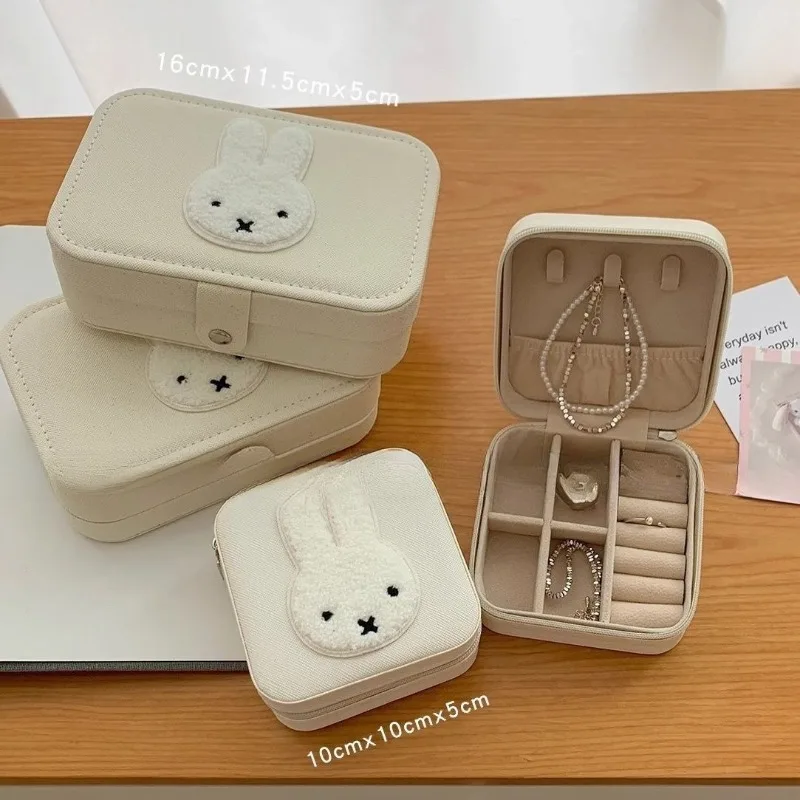 Nuevo Kawaii Miffy Rabbit lindo pendientes anillos collar joyero de cuero de gran capacidad joyero portátil regalo para niña