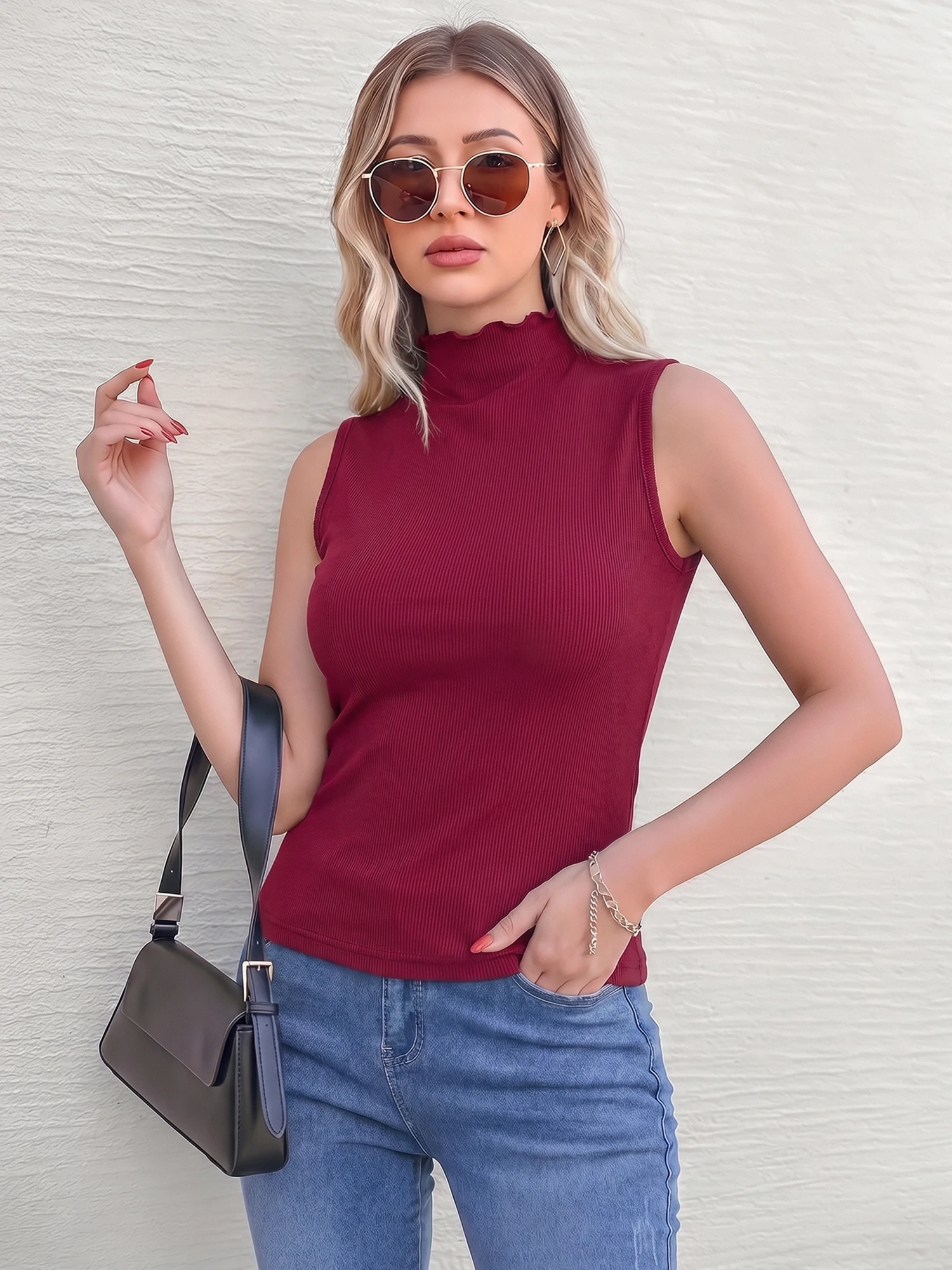 Delicate Fluted Edge High‑Neck Vest, Elastic Vertical‑Rib Knit Shirt for Shopping Trips and Girlfriend Gather‑Ups
