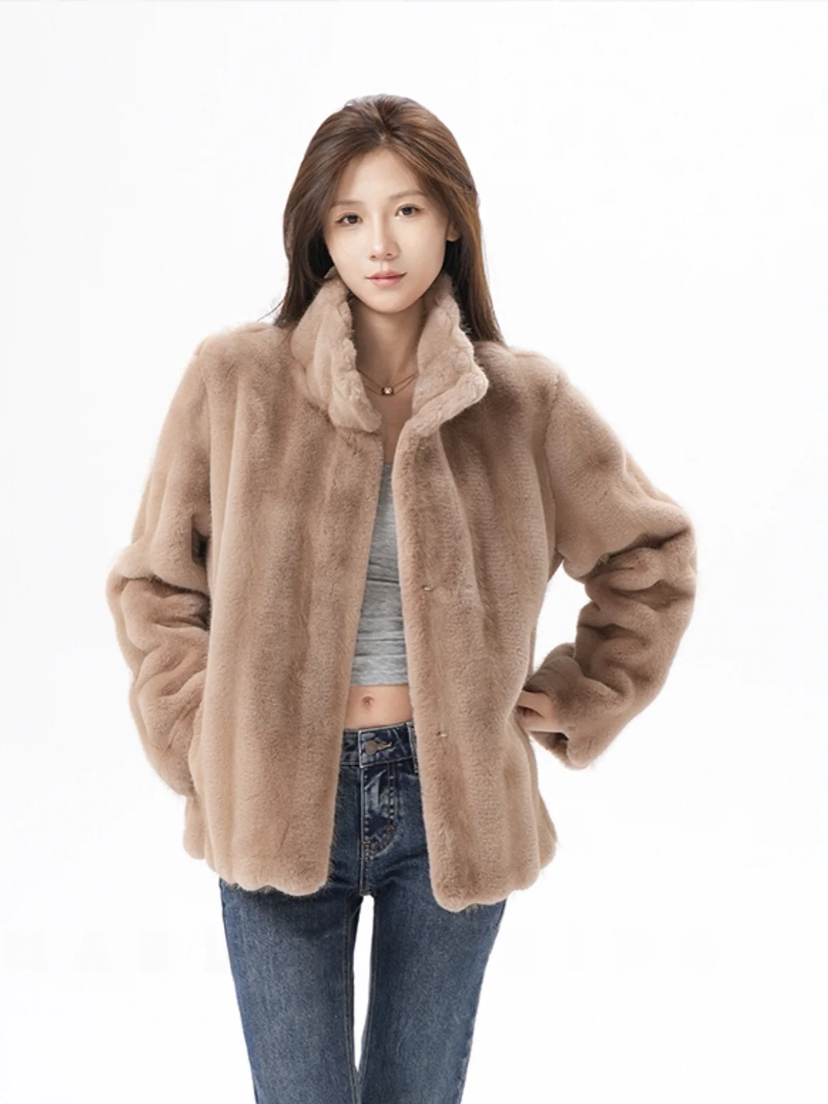 

Экологичная женская теплая куртка из искусственного меха с воротником-стойкой, мягкая, пушистая, повседневная, с длинными рукавами, на молнии, без капюшона
