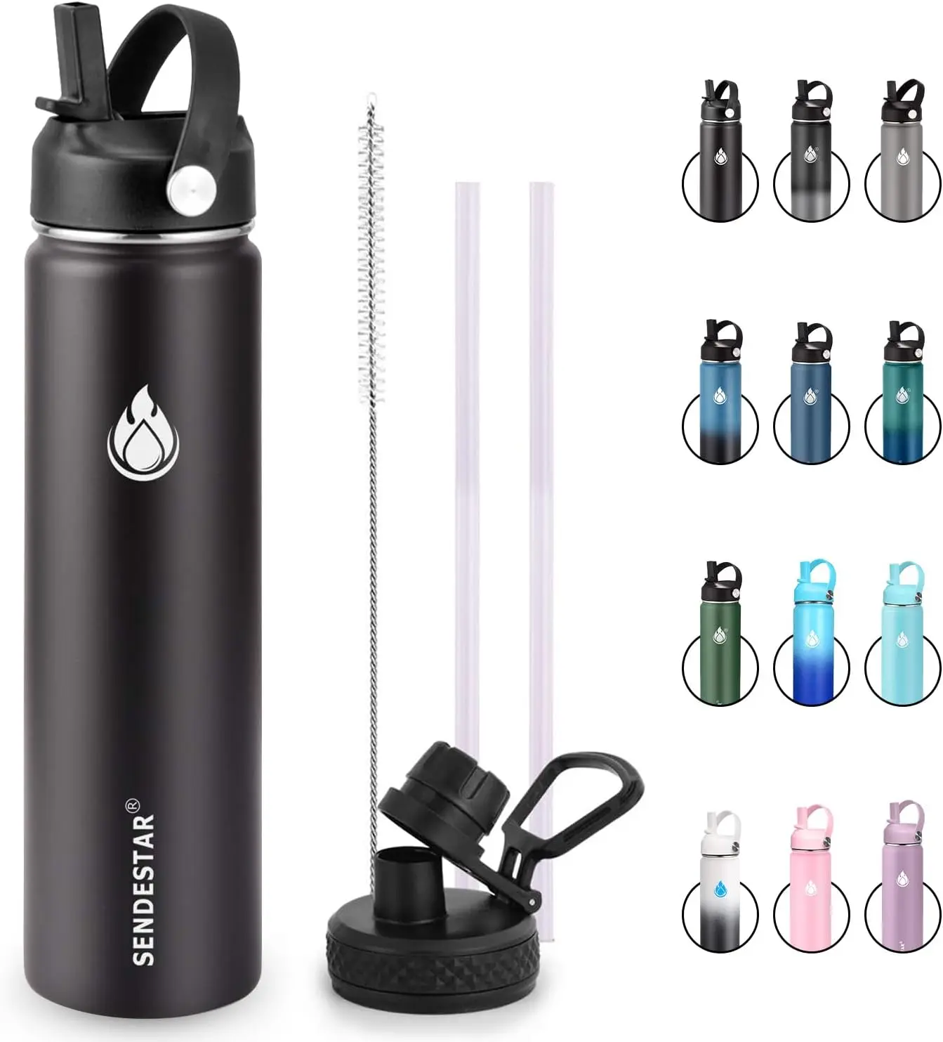 

24 oz Insulated Water Bottle with Straw & Spout Lids, Double Wall Vacuum Stainless Steel, Keeps Hot/Cold (Black)