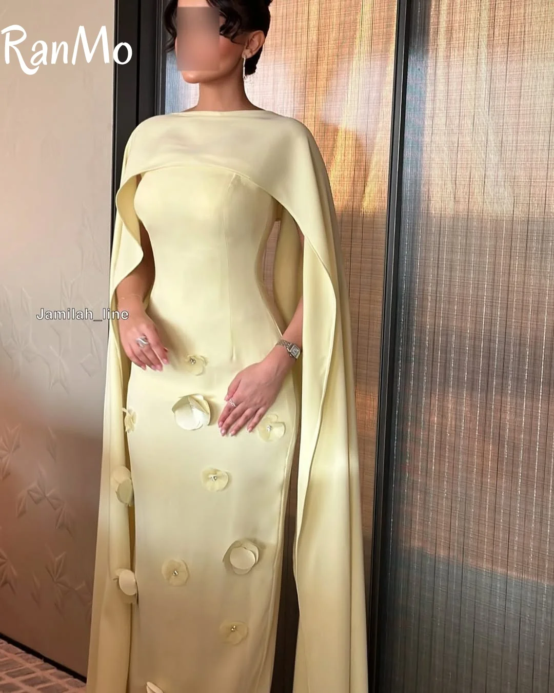 Ranmo 2025 Elegant Light สีเหลือง Mermaid ชุดราตรียาวผ้าคลุมไหล่ 3D ดอกไม้ดูไบคําที่กําหนดเอง Party Gowns