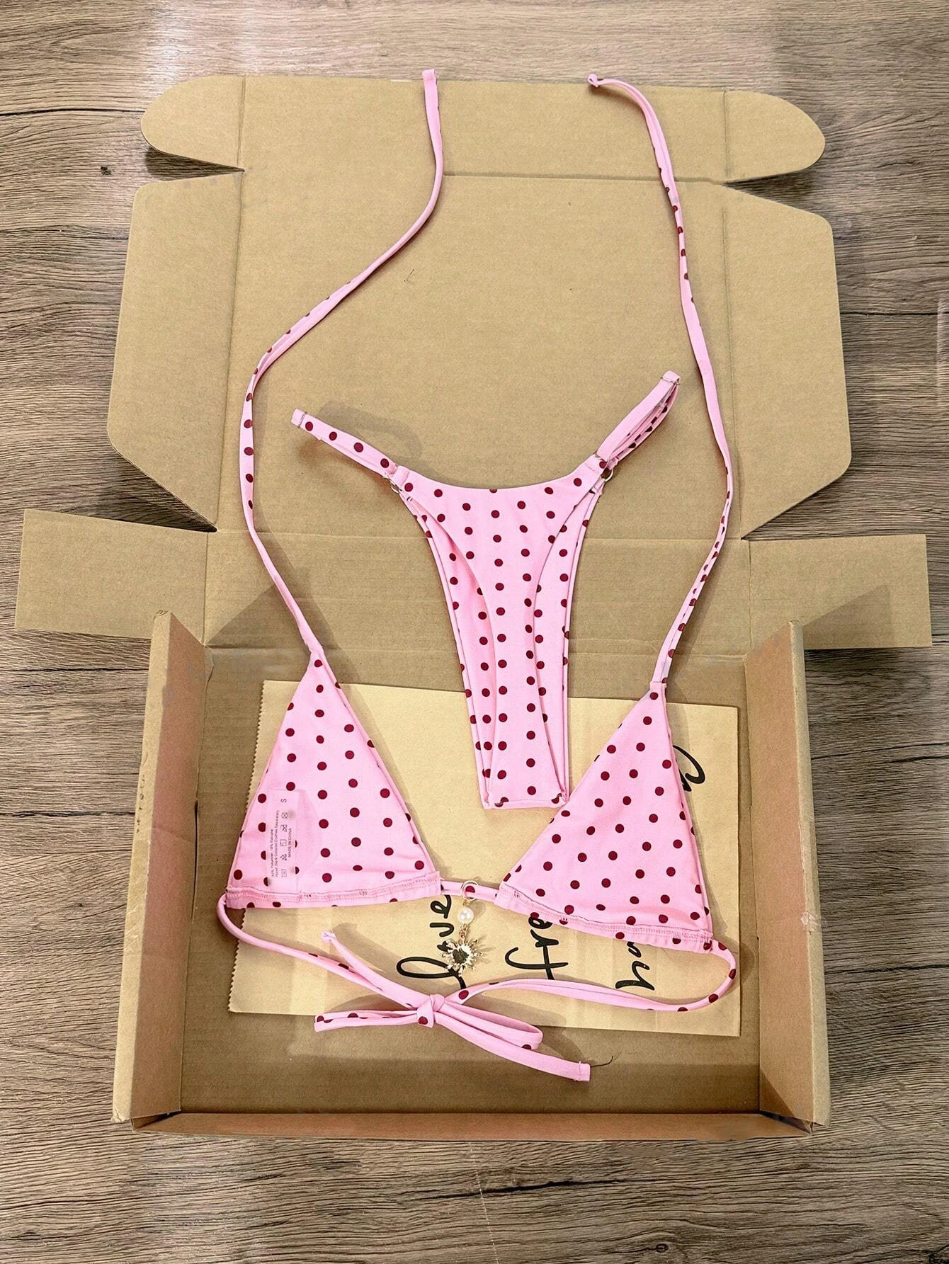 Pink Red Polka Dot Bikini Set Triangle Halter Tie Front With Sun Pendant Adjustable Strap Thong Bottom Women Beach Swimsuit
