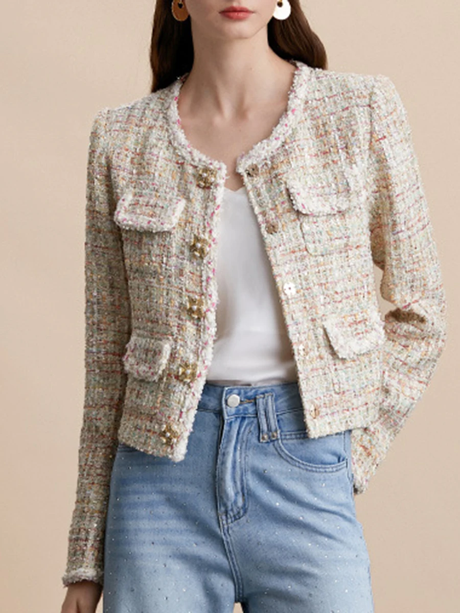 VGH التخسيس سترات قصيرة أنيقة للنساء جولة الرقبة طويلة الأكمام تقسم زر الخريف مزاجه سترة الإناث موضة جديدة