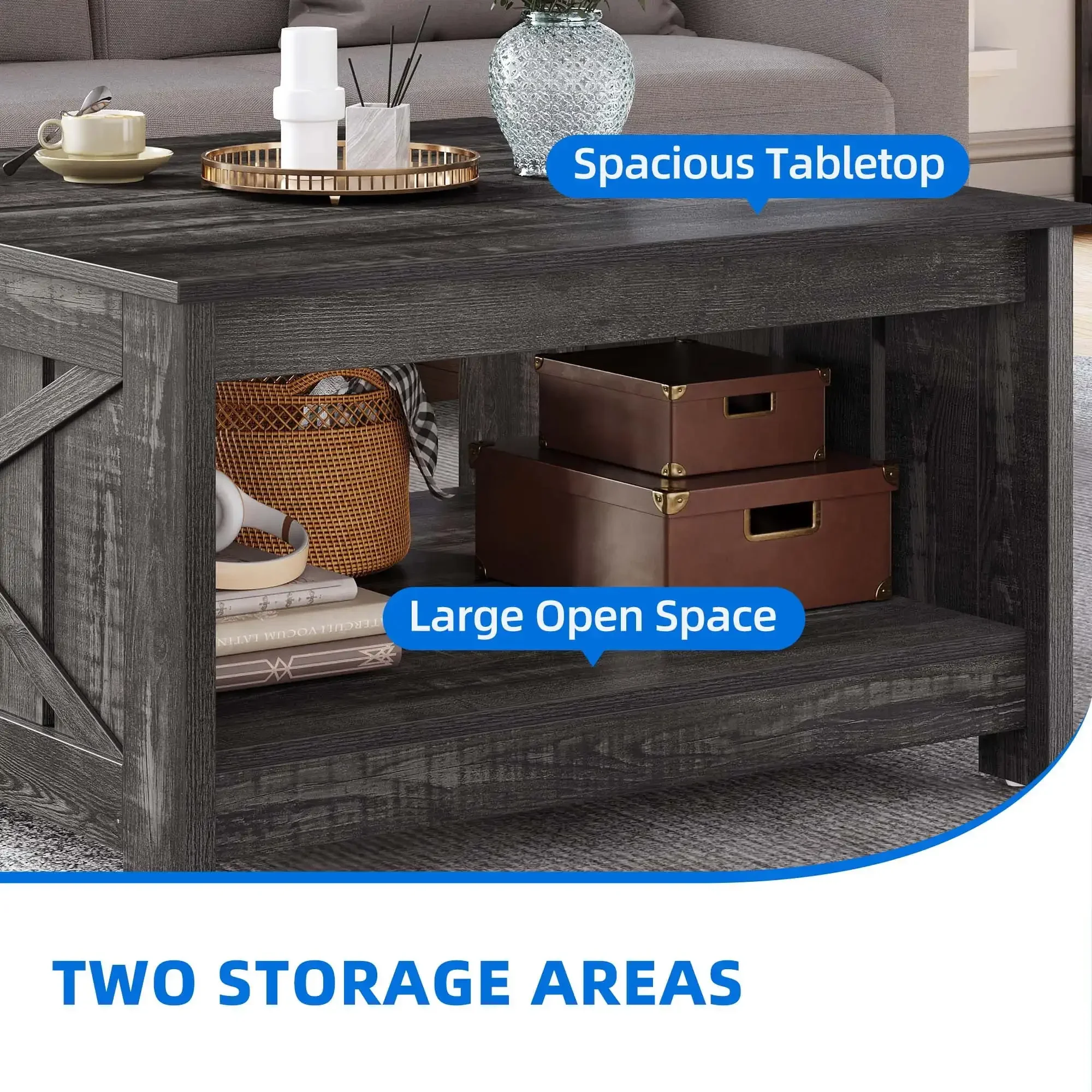 Square Coffee Table,  Coffee Table with Half Open Storage Compartment, Rustic Gray