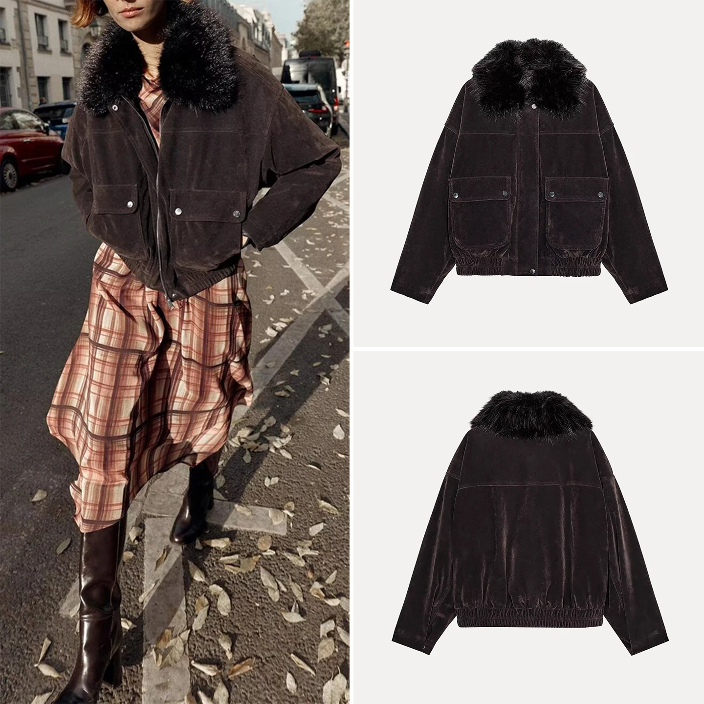 ファッショナブルなゆったりとした女性用ジャケット、2025年冬、シンプルで個性的なファー襟付きジッパーロングコート、エレガントな女性用スリーブコート