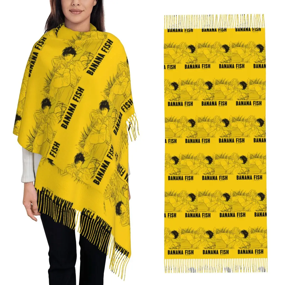 Anime Banana Fish Manga Scarf Tassel Scarves for Women Soft Warm Shawls and Wraps Long Fall Winter Shawl Wrap