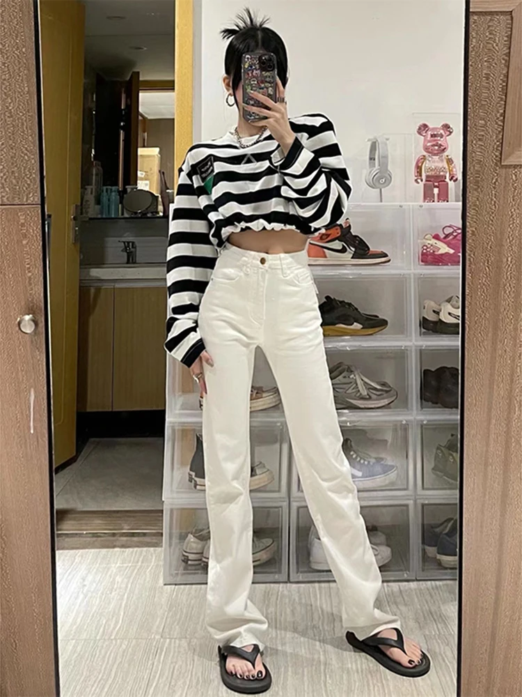 

Белые прямые джинсы с высокой талией, женские весенние длинные утягивающие винтажные высокие брюки длиной до щиколотки