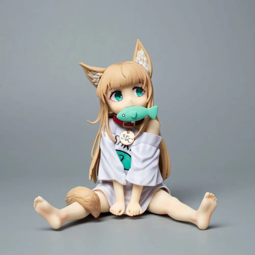 14cm GOLDEN HEAD My Cat Is A Kawaii Girl Anime Figure Hobby Sakura Soybean Flour Sit And Eat Fish Collectible Model Doll Toys